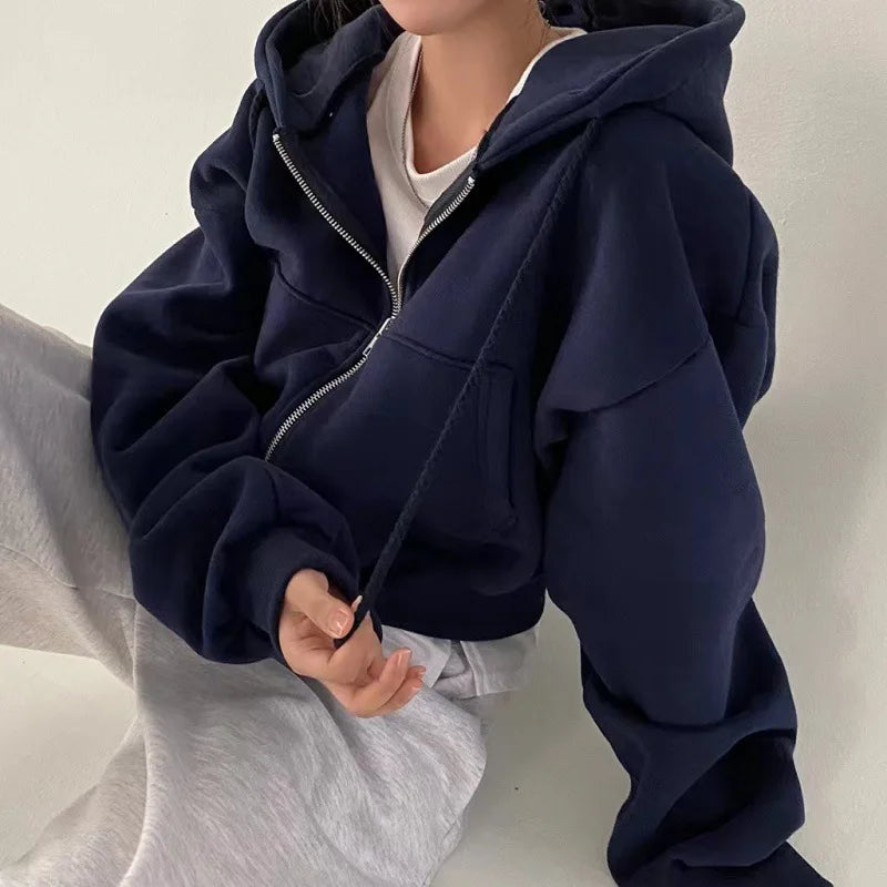 Cropped Zip Up Hoodie Long Sleeve Loose Fit