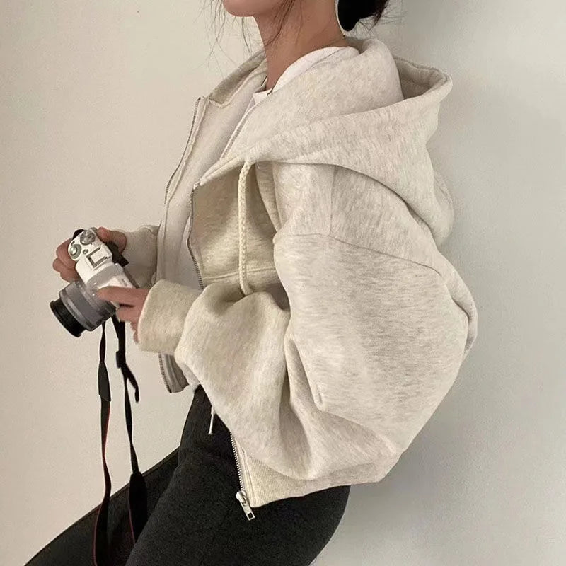 Cropped Zip Up Hoodie Long Sleeve Loose Fit